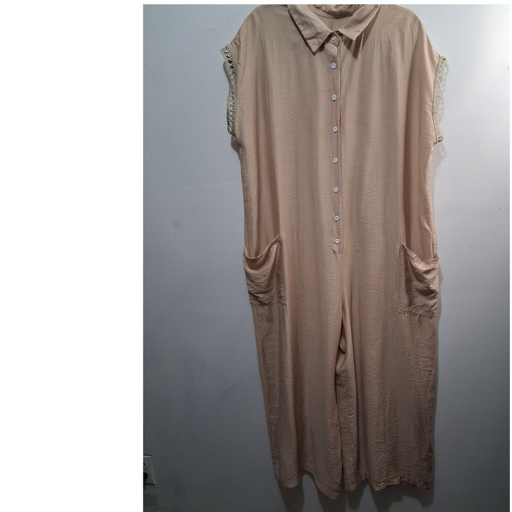 Shein Curve Women's 1XL Jumpsuit Tan Button Front Wide Leg Pocket Boho Whimsy